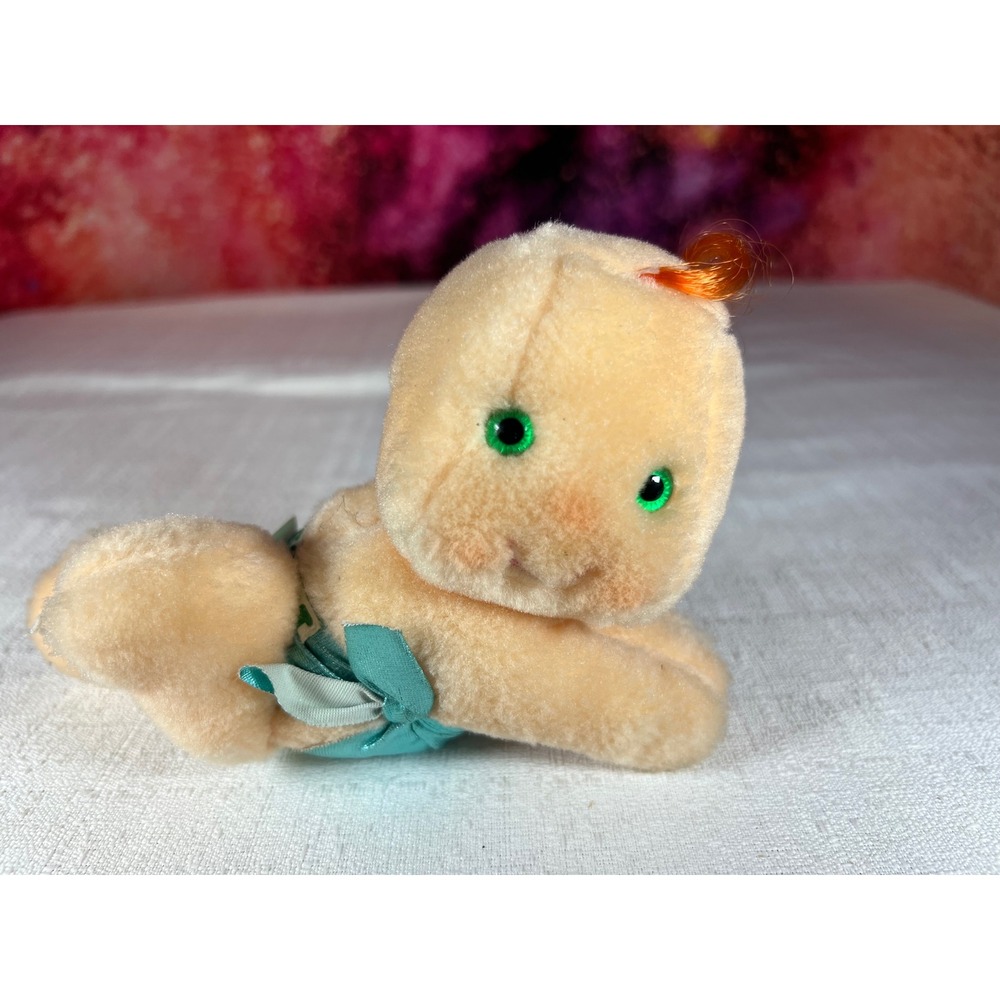 Vintage Giggles Plush Baby Doll Small Peach Teal Diaper Orange Hair Green Eyes